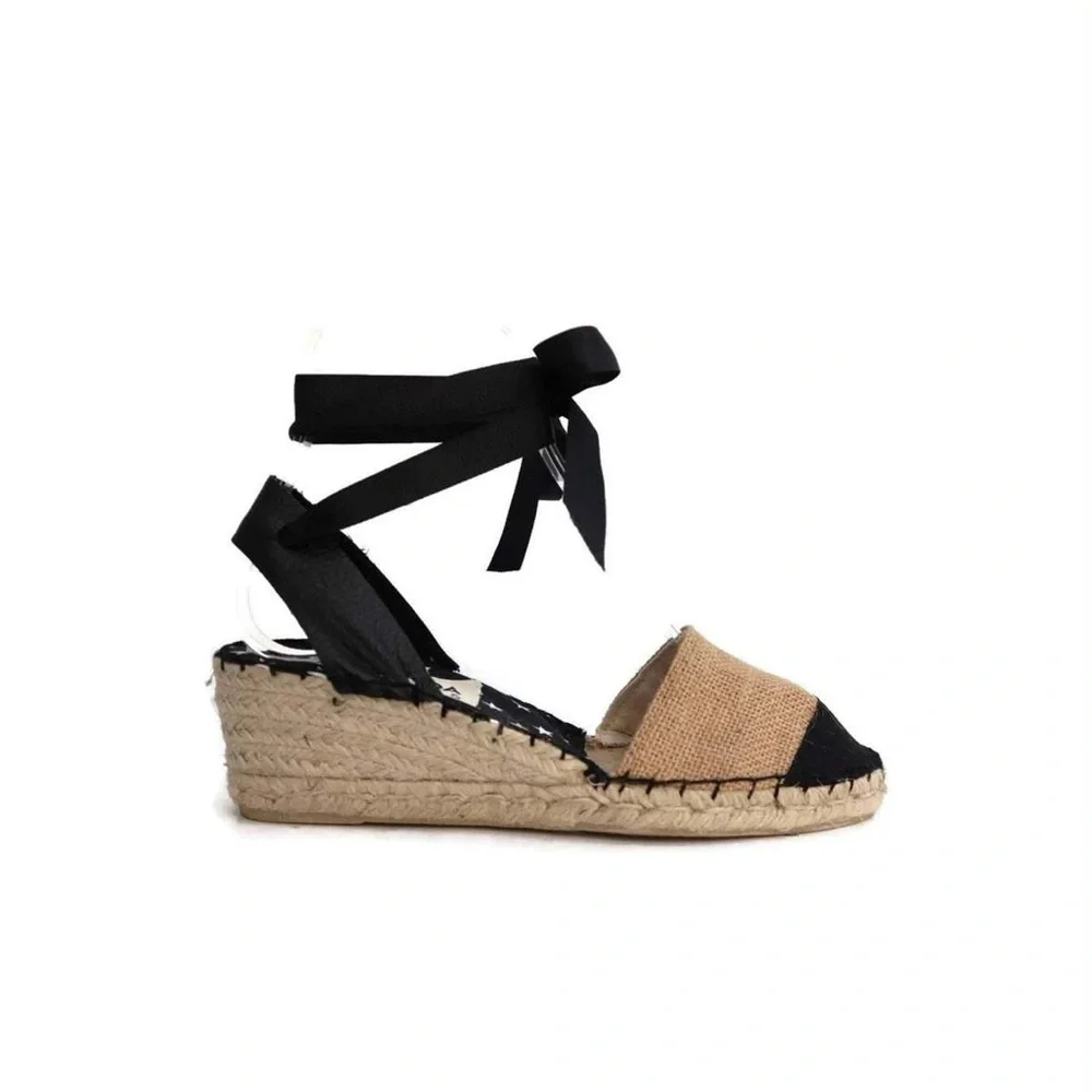 Black & Beige Ankle Tie Espadrille Wedges | Low Heel | Size 39